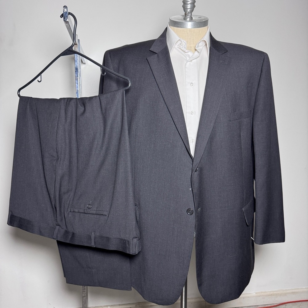 Wilke-Rodriguez Suit Mens 58L W50 Charcoal Grey Solid Wool Blend 2-Button Modern